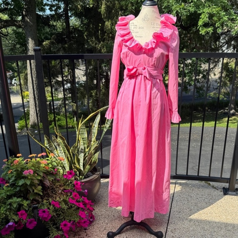 Vintage Montgomery‎ Wards pink Polkadot lg ruffled collar maxi dress EVC size XS